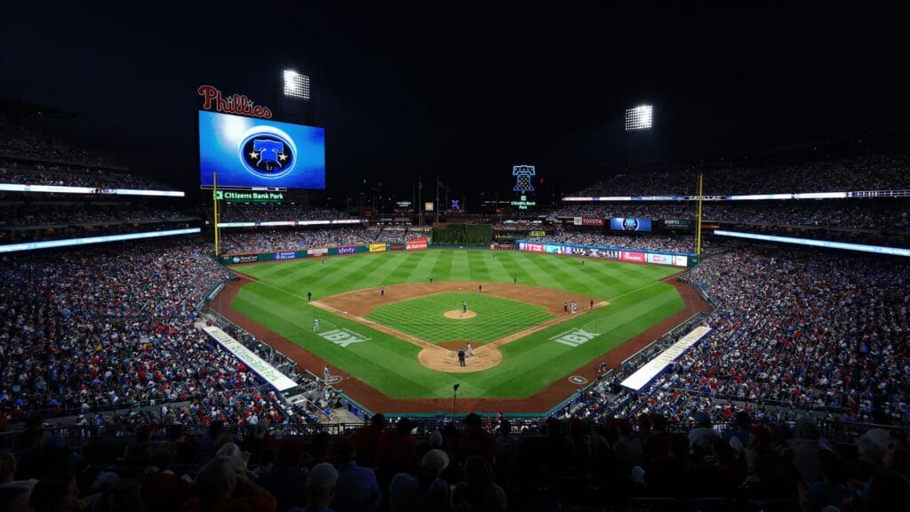 Apr 18, 2025; Philadelphia, Pennsylvania, USA; General view of Citizens Bank Park during a game between the Philadelphia Phillies and the Miami Marlins.