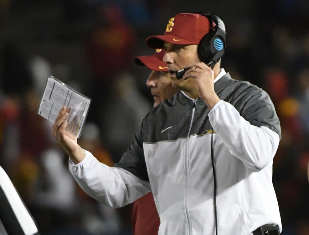 Nov 19, 2016; Pasadena, CA, USA; USC Trojans head coach Clay Helton reacts in the second half of the game against the UCLA Bruins at the Rose Bowl. USC won 36-14.