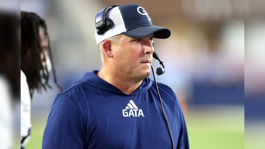 Sep 21, 2024; Oxford, Mississippi, USA; Georgia Southern Eagles head coach Clay Helton watches from the sideline during the first half against the Mississippi Rebels at Vaught-Hemingway Stadium.