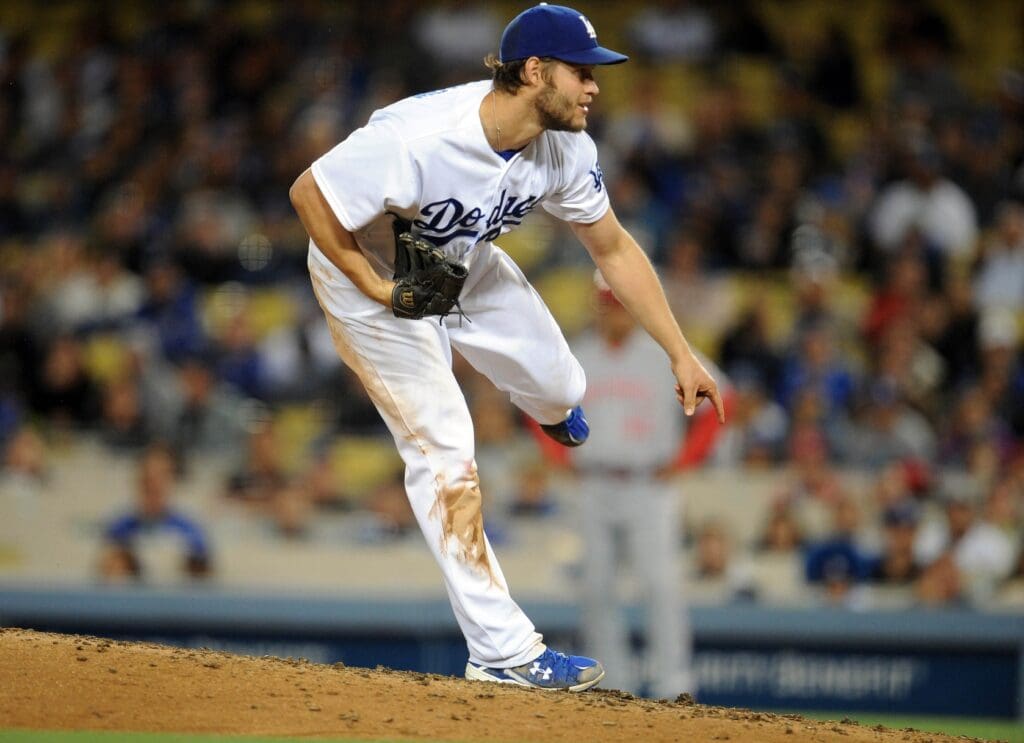 May 23, 2016; Los Angeles, CA, USA; Los Angeles Dodgers starting pitcher Clayton Kershaw (22) throws in the ninth inning against Cincinnati Reds at Dodger Stadium.