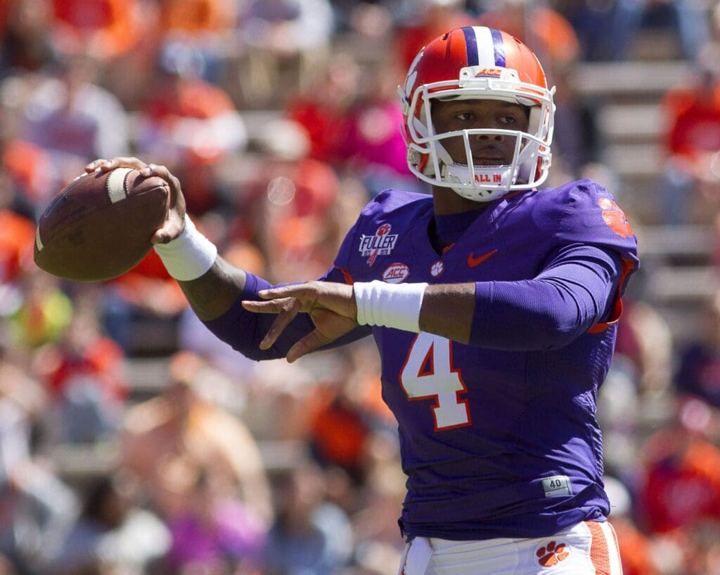 Apr 9, 2016; Clemson, SC, USA; Clemson Tigers Clemson Tigers quarterback Deshaun Watson (4) looks to pass the ball during the first quarter of the spring game at Clemson Memorial Stadium.