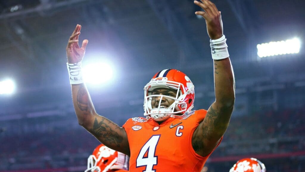 December 31, 2016; Glendale, AZ, USA; Clemson Tigers quarterback Deshaun Watson (4) celebrates a touchdown against the Ohio State Buckeyes in the the 2016 CFP semifinal at University of Phoenix Stadium.