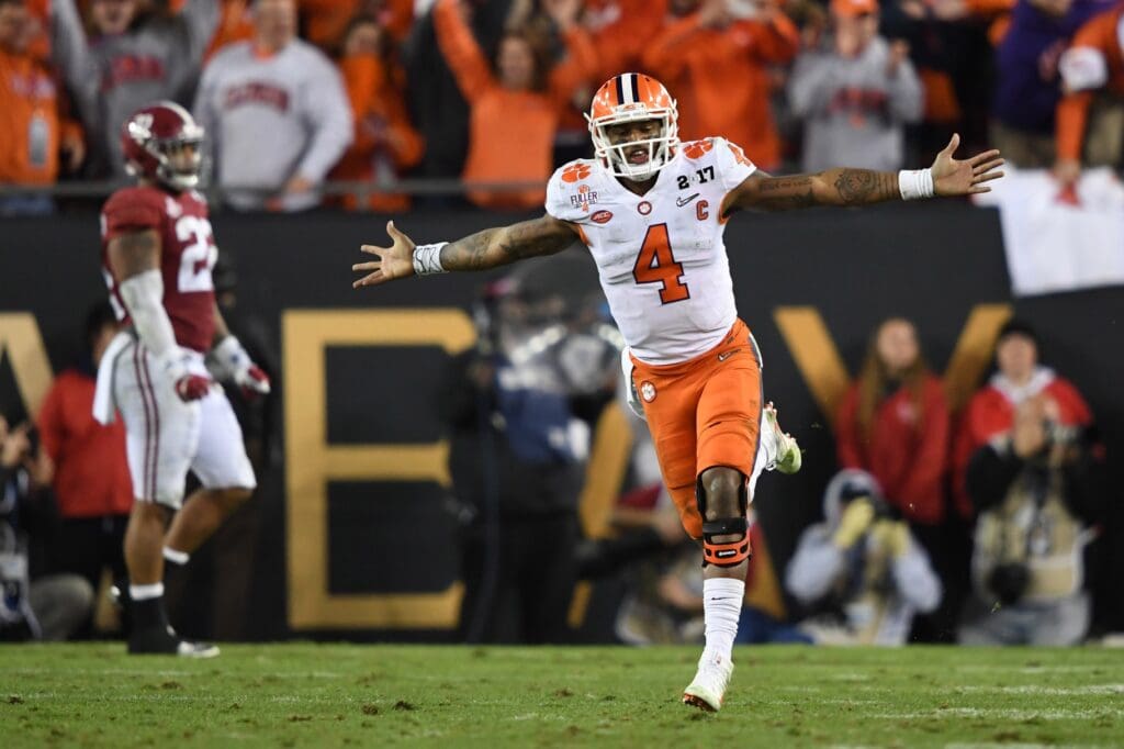 Jan 9, 2017; Tampa, FL, USA; Clemson Tigers quarterback Deshaun Watson (4) celebrates during the fourth quarter against the Alabama Crimson Tide in the 2017 College Football Playoff National Championship Game at Raymond James Stadium.