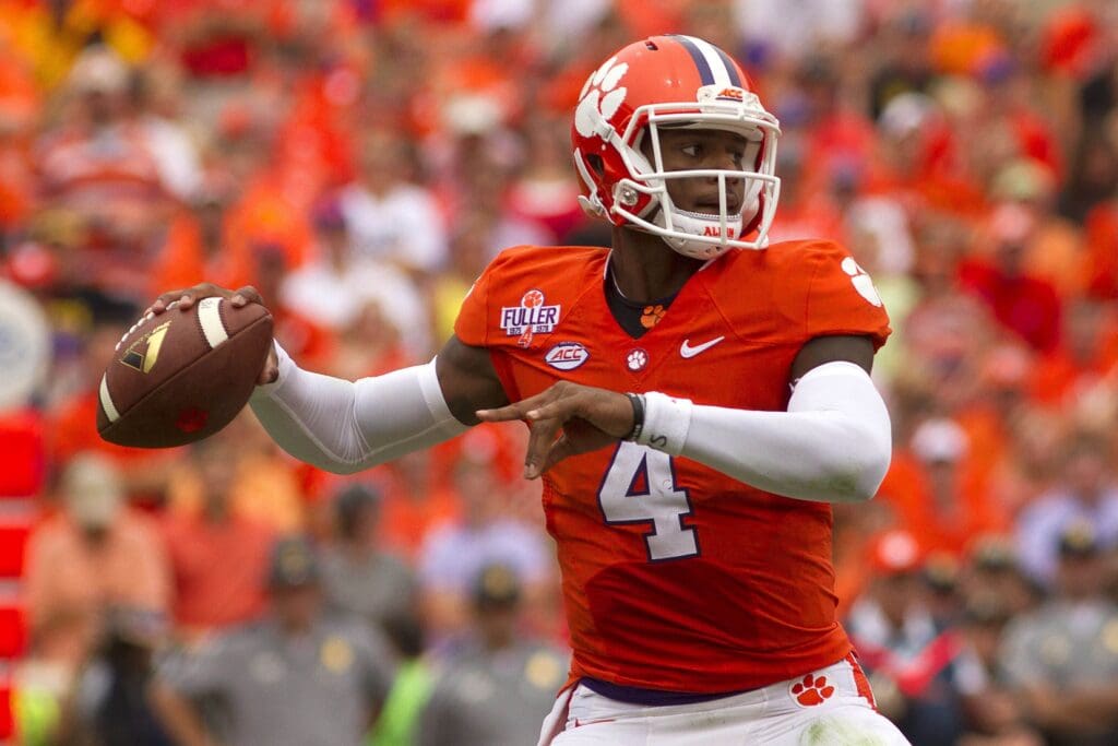 Sep 12, 2015; Clemson, SC, USA; Clemson Tigers quarterback Deshaun Watson (4) passes the ball during the first half against the Appalachian State Mountaineers at Clemson Memorial Stadium.