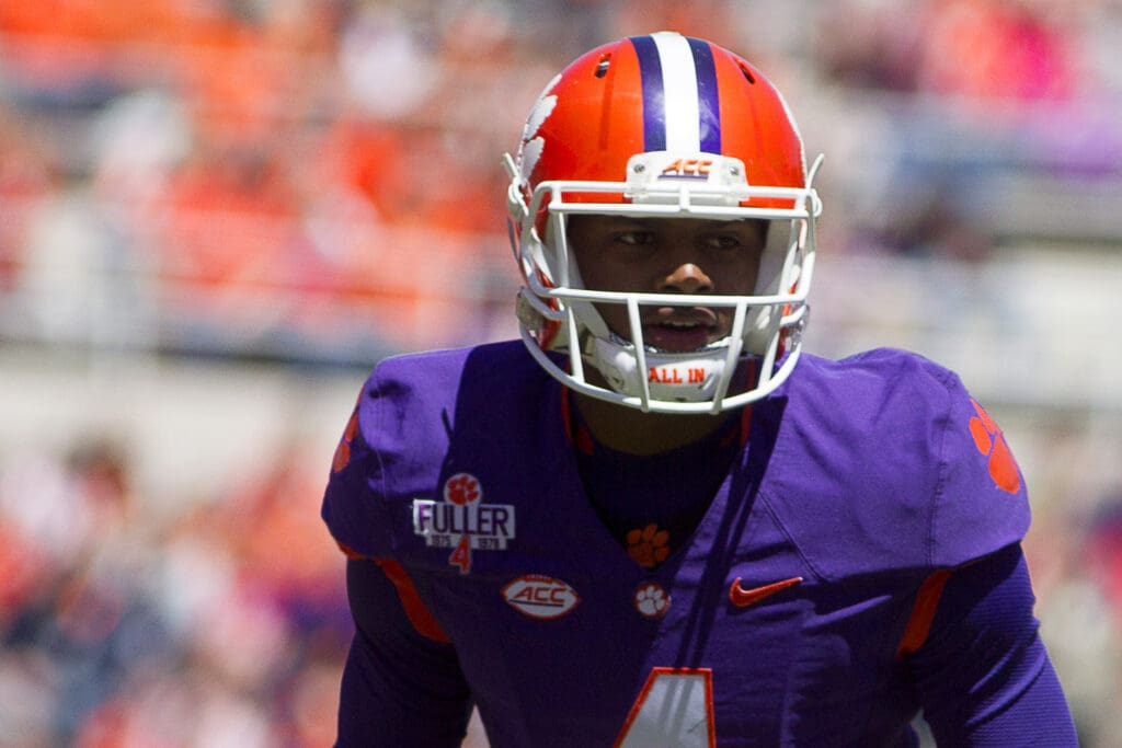 Apr 9, 2016; Clemson, SC, USA; Clemson Tigers quarterback Deshaun Watson (4) prior to the snap during the first quarter of the spring game at Clemson Memorial Stadium.
