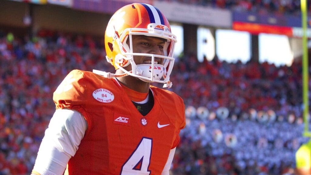Nov 29, 2014; Clemson, SC, USA; Clemson Tigers quarterback Deshaun Watson (4) reacts after the play during the second half against the South Carolina Gamecocks at Clemson Memorial Stadium.