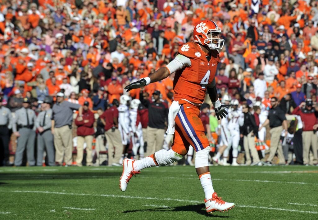 Nov 29, 2014; Clemson, SC, USA; Clemson Tigers quarterback Deshaun Watson (4) reacts on the field against the South Carolina Gamecocks at Clemson Memorial Stadium.