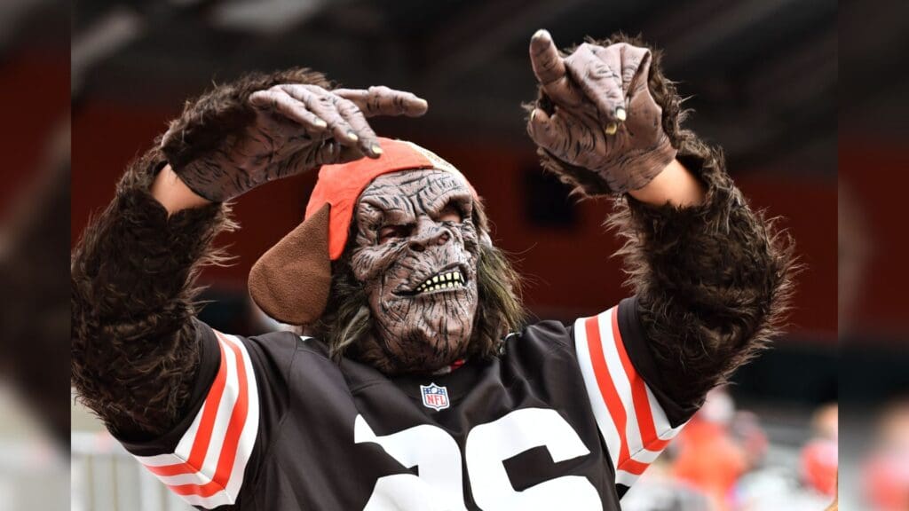 Oct 11, 2020; Cleveland, Ohio, USA; A Cleveland Browns fan cheers during the first half of the game between the Cleveland Browns and the Indianapolis Colts at FirstEnergy Stadium.