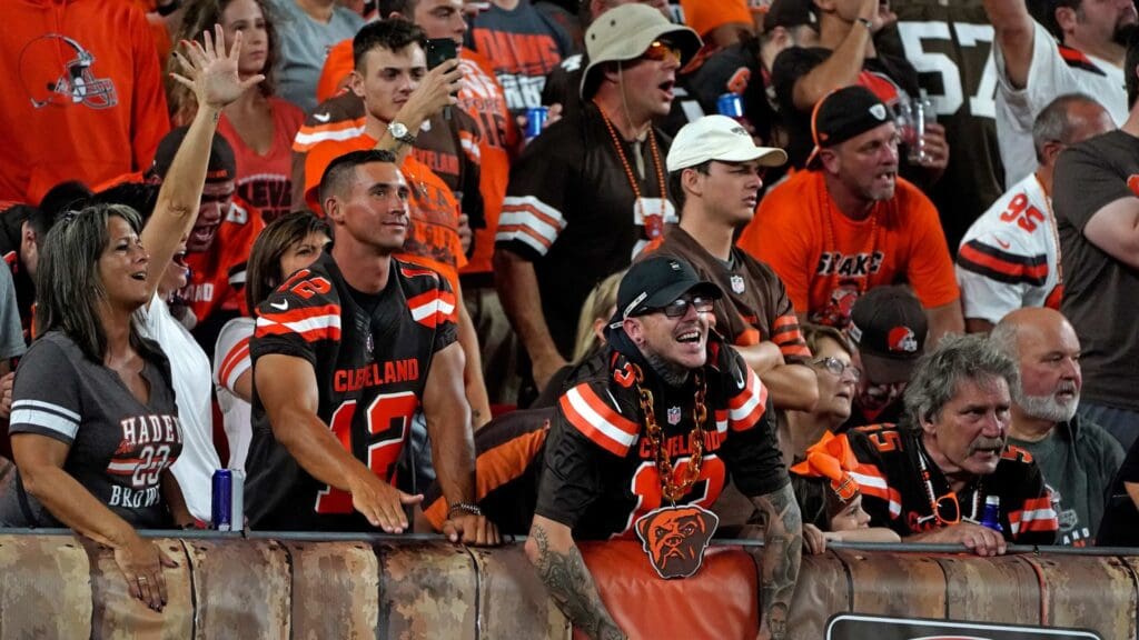 Sep 22, 2019; Cleveland, OH, USA; Cleveland Browns fans cheer on during the fist quarter against the Los Angeles Rams at FirstEnergy Stadium.