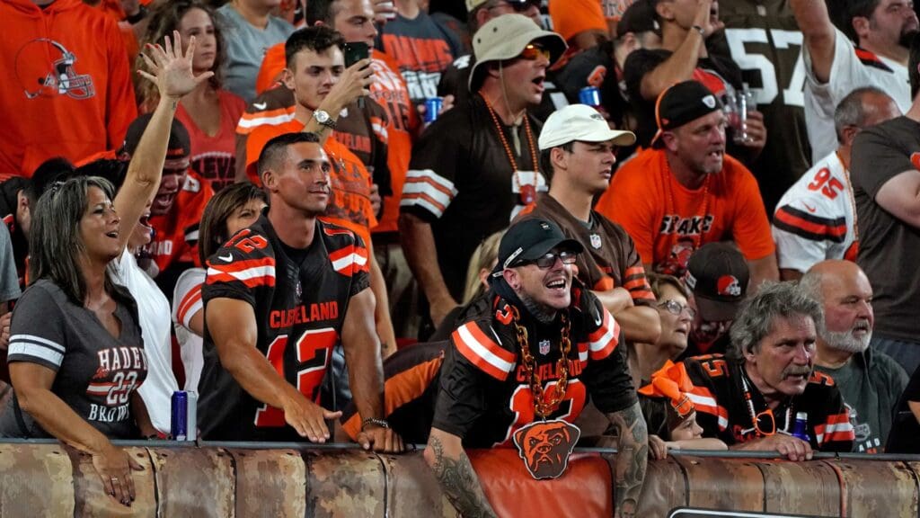 Sep 22, 2019; Cleveland, OH, USA; Cleveland Browns fans cheer on during the fist quarter against the Los Angeles Rams at FirstEnergy Stadium
