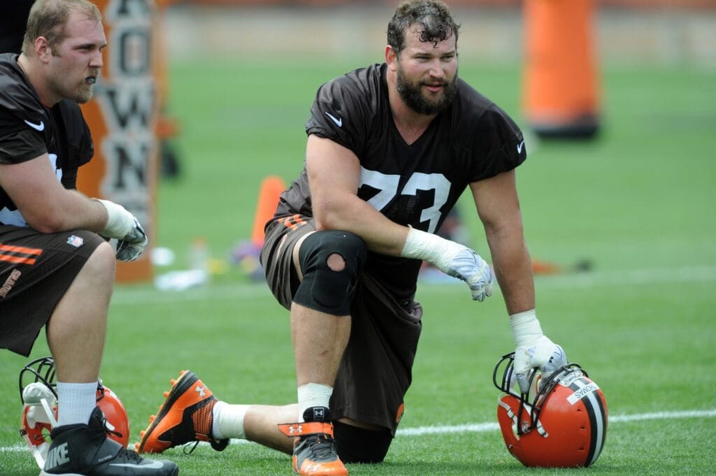 May 26, 2015; Berea, OH, USA; Cleveland Browns offensive lineman Joe Thomas (73) during organized team activities at the Cleveland Browns training facility