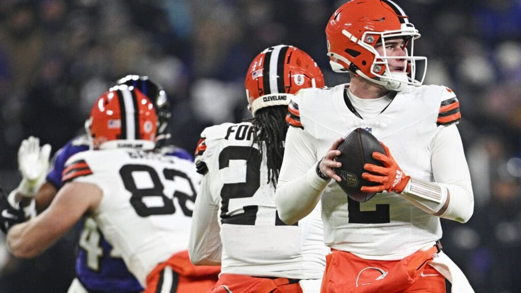 Jan 4, 2025; Baltimore, Maryland, USA; Cleveland Browns quarterback Bailey Zappe (2) makes a pass during the third quarter against the Baltimore Ravens at M&T Bank Stadium.