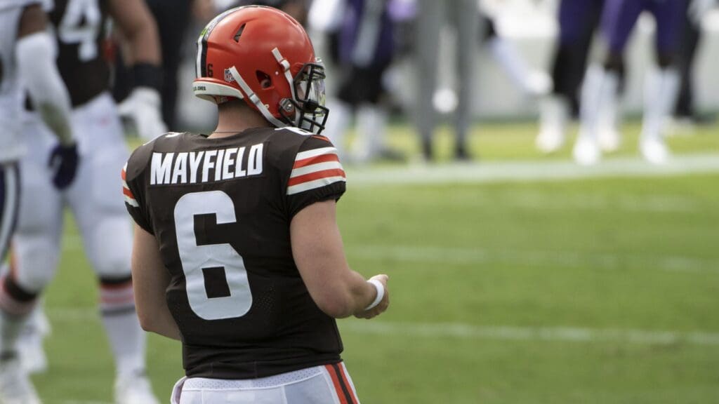 Sep 13, 2020; Baltimore, Maryland, USA; Cleveland Browns quarterback Baker Mayfield (6) on the field during the first half against the Baltimore Ravens at M&T Bank Stadium.