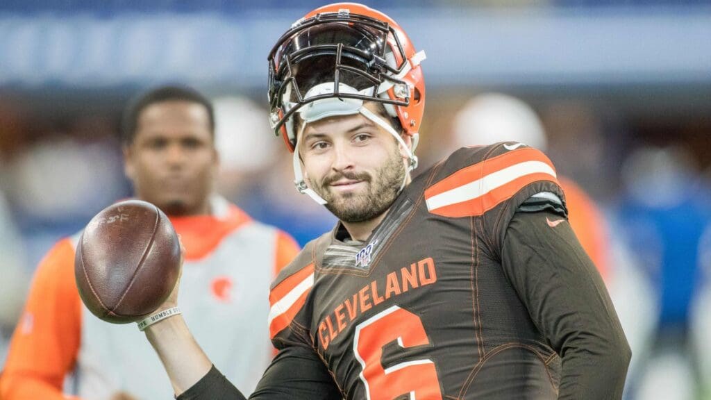 Aug 17, 2019; Indianapolis, IN, USA; Cleveland Browns quarterback Baker Mayfield (6) on the field warming up before the game against the Indianapolis Colts at Lucas Oil Stadium.