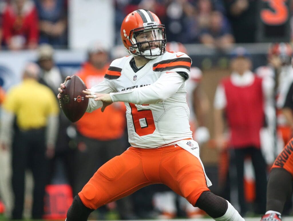 Dec 2, 2018; Houston, TX, USA; Cleveland Browns quarterback Baker Mayfield (6) attempts a pass during the game against the Houston Texans at NRG Stadium.