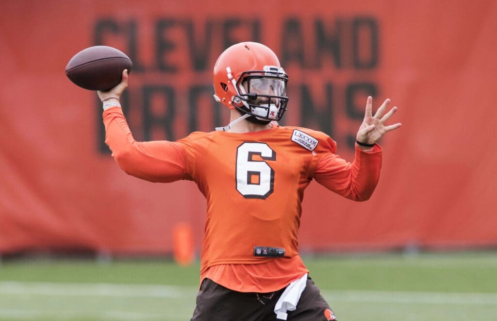 Jun 12, 2018; Berea, OH, USA; Cleveland Browns quarterback Baker Mayfield (6) throws a pass during minicamp at the Cleveland Browns training facility.
