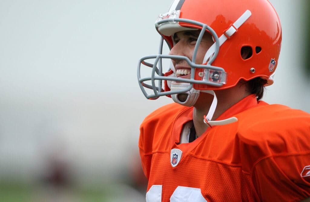 Aug 7, 2009; Berea, OH, USA; Cleveland Browns quarterback Brady Quinn (10) smiles during a drill for training camp at the Browns practice facility.