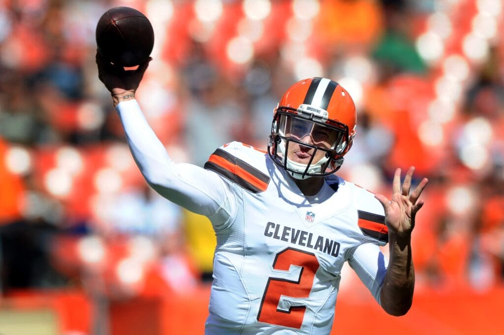 Sep 20, 2015; Cleveland, OH, USA; Cleveland Browns quarterback Johnny Manziel (2) warms up before the game between the Cleveland Browns and the Tennessee Titans at FirstEnergy Stadium