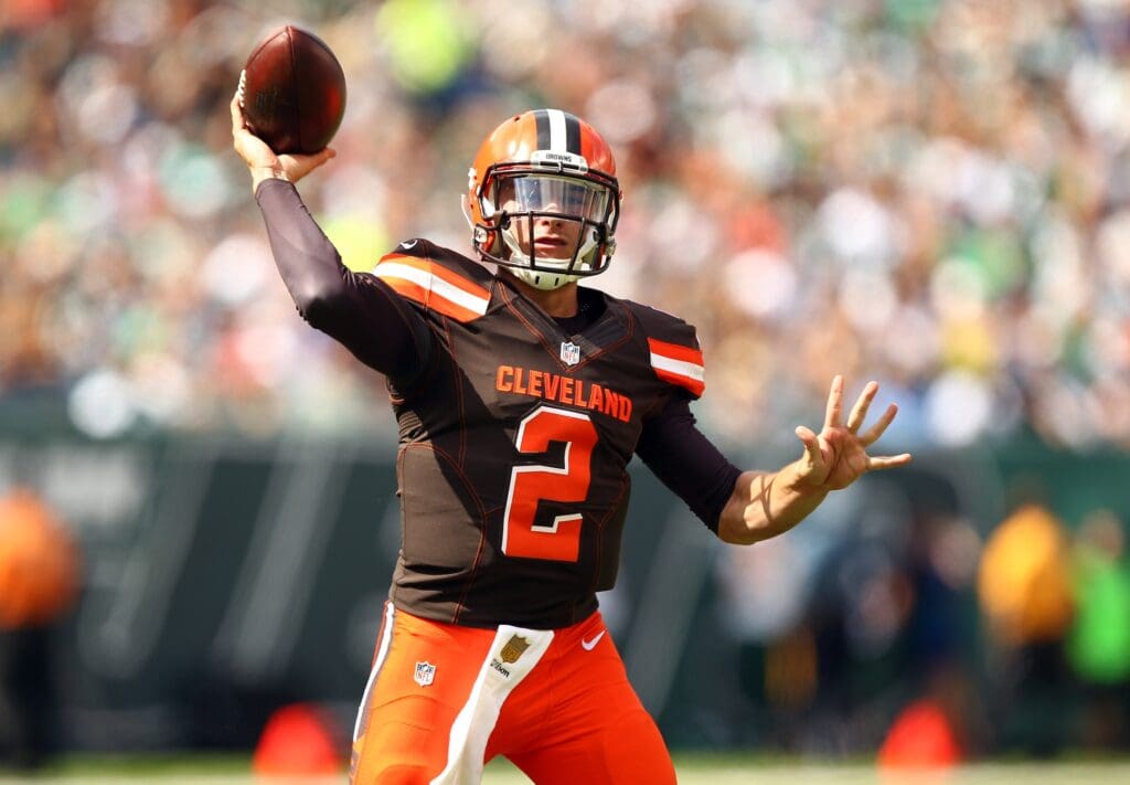 Sep 13, 2015; East Rutherford, NJ, USA; Cleveland Browns quarterback Johnny Manziel (2) throws a pass against the New York Jets during the first half at MetLife Stadium.