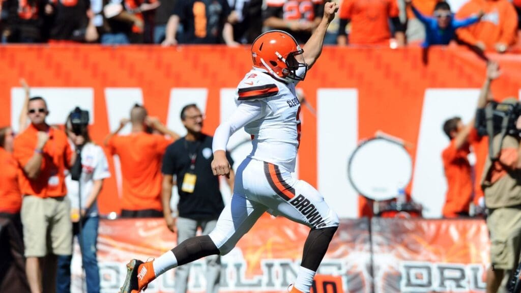 Sep 20, 2015; Cleveland, OH, USA; Cleveland Browns quarterback Johnny Manziel (2) celebrates a first quarter touchdown pass against the Tennessee Titans at FirstEnergy Stadium.
