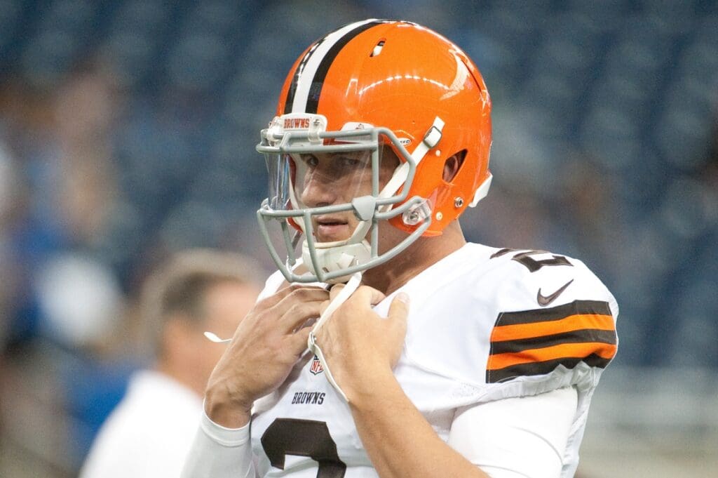 Aug 9, 2014; Detroit, MI, USA; Cleveland Browns quarterback Johnny Manziel (2) warms up before the game against the Detroit Lions at Ford Field.