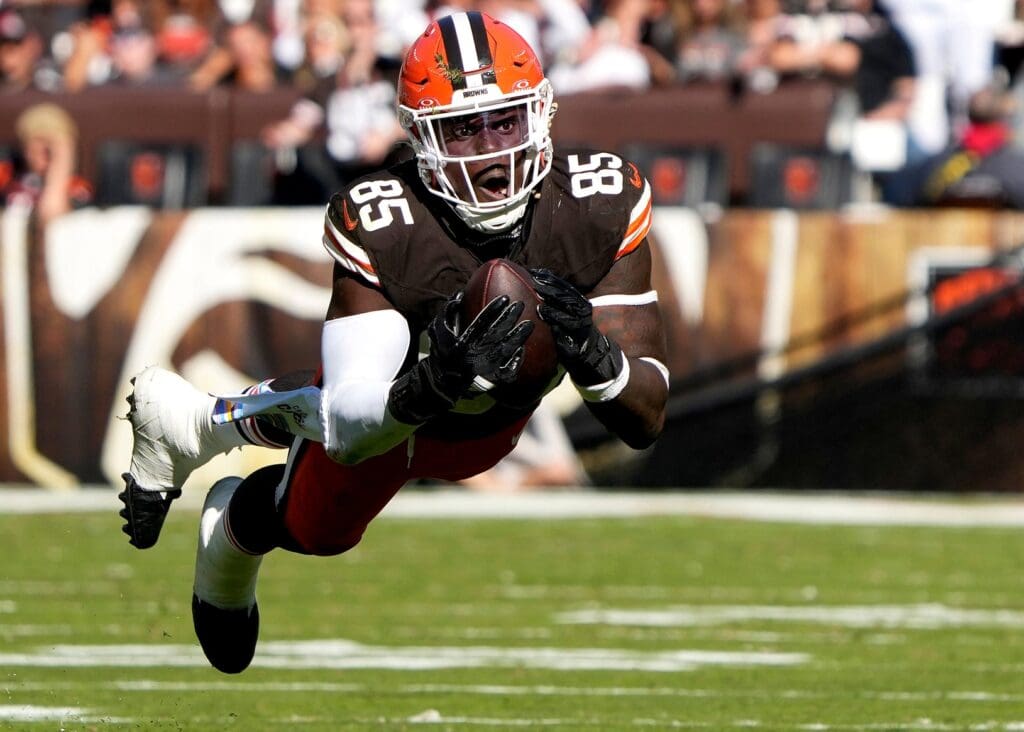 Cleveland Browns tight end David Njoku (85) tries to make a catch but drooped the ball against th Cincinnati Bengals during the NFL Week 7 game at Huntington Bank Field in Cleveland October 20, 2024. The Bengals won 21-14.