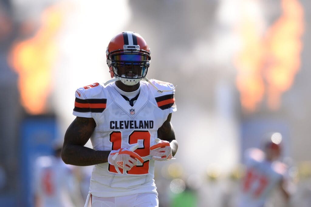 Dec 3, 2017; Carson, CA, USA; Cleveland Browns wide receiver Josh Gordon (12) runs onto the field before the game against the Los Angeles Chargers during the first quarter at StubHub Center