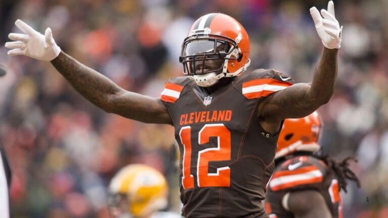 Dec 10, 2017; Cleveland, OH, USA; Cleveland Browns wide receiver Josh Gordon (12) celebrates his touchdown reception against the Green Bay Packers during the first quarter at FirstEnergy Stadium.
