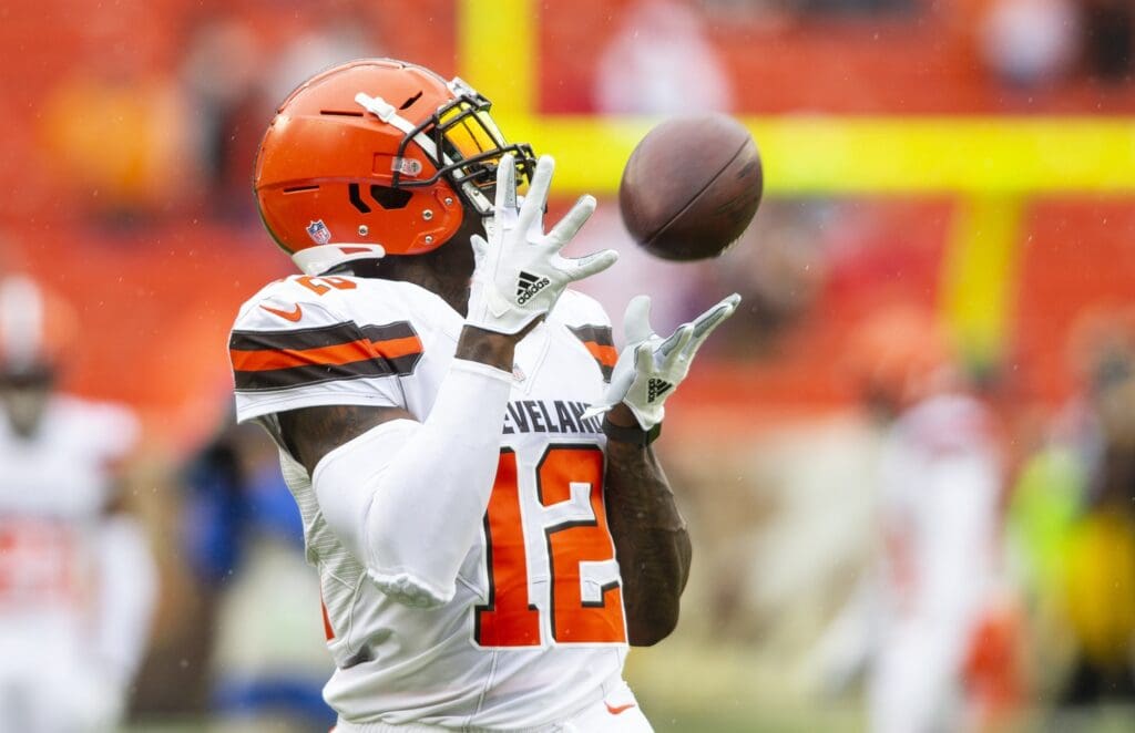 Sep 9, 2018; Cleveland, OH, USA; Cleveland Browns wide receiver Josh Gordon (12) catches the ball during warmups before the game against the Pittsburgh Steelers at FirstEnergy Stadium.