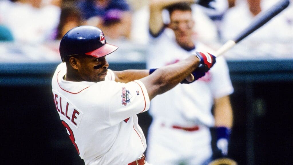 1995, Cleveland, OH, USA; FILE PHOTO; Cleveland Indians left fielder Albert Belle in action at the plate at Jacobs Field during the 1995 season.