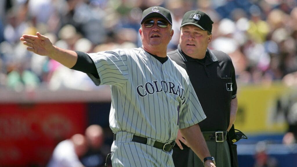 Jun 23, 2007; Toronto, ON, Canada; Colorado Rockies manager (13) Clint Hurdle argues with home plate umpire and crew chief Gerry Davis after his catcher (8) Yorvit Torrealba (not pictured) was ejected in the 4th inning against the Toronto Blue Jays at the Rogers Centre in Toronto, ON. Toronto won 11-6.