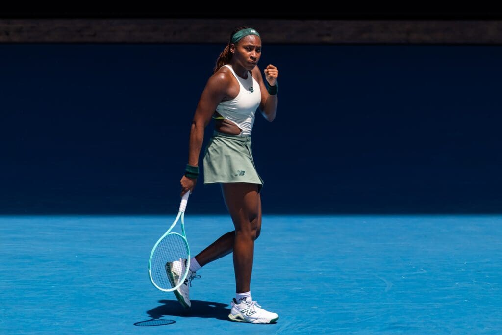 Jan 19, 2025; Melbourne, Victoria, Australia; Coco Gauff of United States of America celebrates during her match against Belinda Bencic of Switzerland in the fourth round of the women's singles at the 2025 Australian Open at Melbourne Park.
