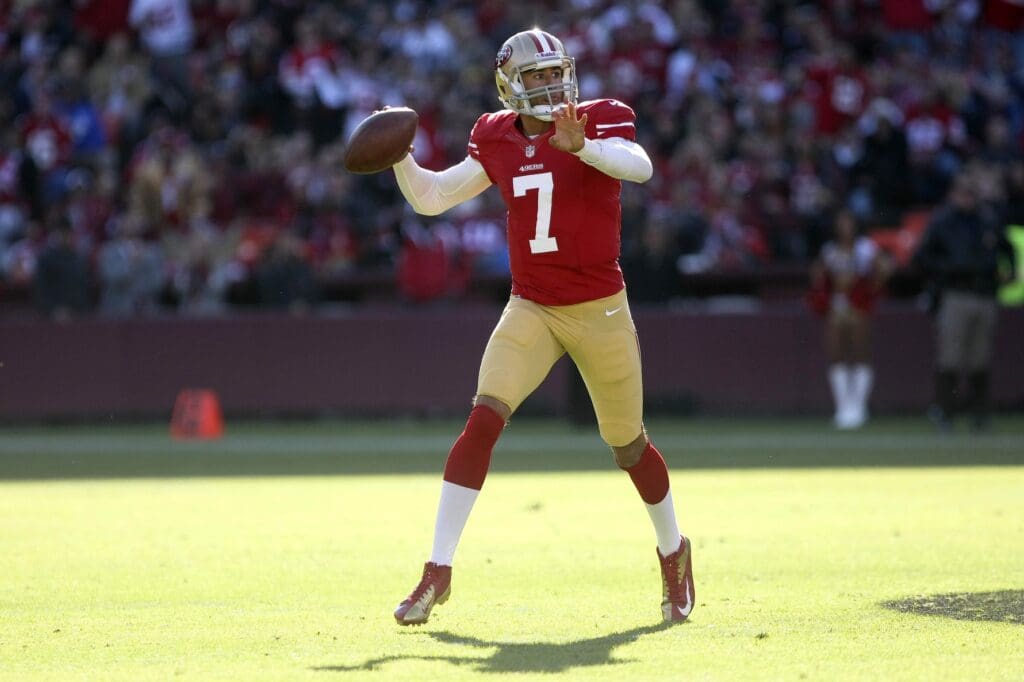 November 11, 2012; San Francisco, CA, USA; San Francisco 49ers quarterback Colin Kaepernick (7) looks to pass the ball against the St. Louis Rams during the second quarter at Candlestick Park.