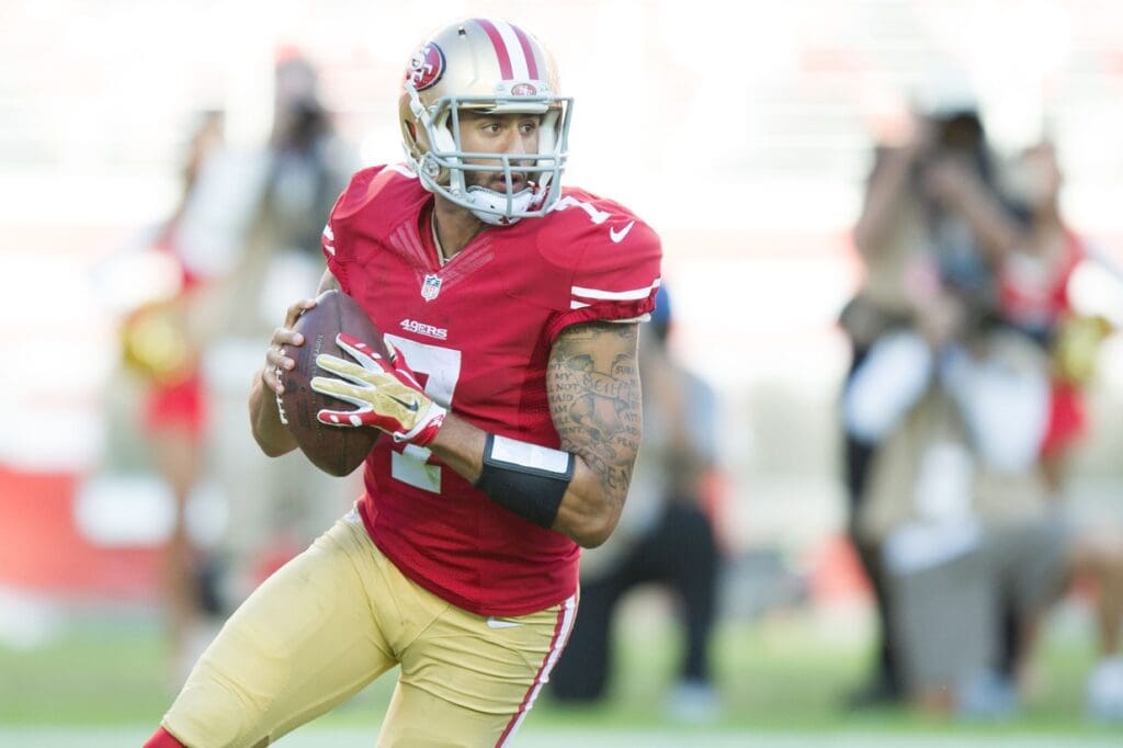 Nov 2, 2014; Santa Clara, CA, USA; San Francisco 49ers quarterback Colin Kaepernick (7) drops back for a pass against the St. Louis Rams during the third quarter at Levi's Stadium. The St. Louis Rams defeated the San Francisco 49ers 13-10.