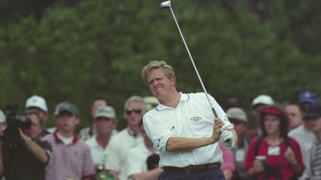 Colin Montgomerie watches ball after teeing off at the Augusta National Golf Course during the 1997 Masters.
