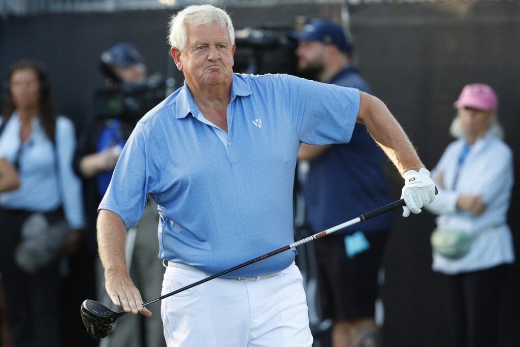 Dec 10, 2023; Bradenton, Florida, USA; Team Europe s Colin Montgomerie warms up at the first tee at The Concession Golf Club.