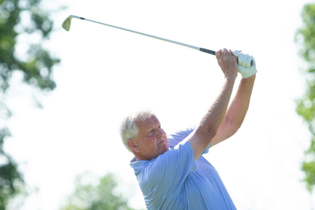 Colin Montgomerie plays his second shot on the sixth hole during the first round of the 2024 KitchenAid Senior PGA Championship at Harbor Shores Golf Club on Thursday,