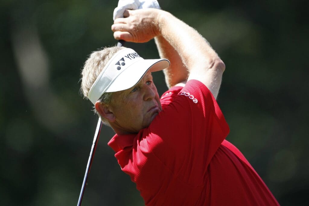 August 7, 2008; Bloomfield Township, MI, USA; Colin Montgomerie follows through on his tee shot on the 7th hole during the first round of the PGA Championship at Oakland Hills Country Club.
