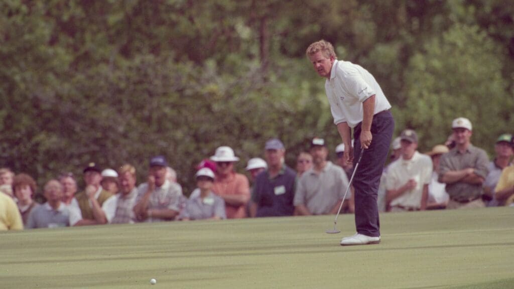 04/12/1997; Augusta, Georgia, USA; Colin Montgomerie putts at the Augusta National Golf Course during the 1997 Masters.