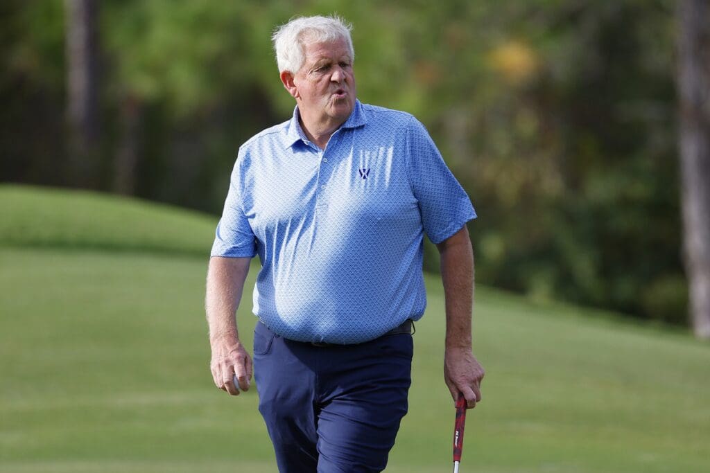 Dec 8, 2023; Bradenton, Florida, USA; Team Europe s Colin Montgomerie reacts to a missed putt on the first hole at The Concession Golf Club.