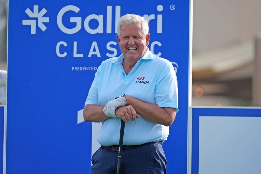 Colin Montgomerie prepares to tee off on 1 during the Galleri Classic Pro-Am at Mission Hills Country Club in Rancho Mirage, Calif., on Thursday, March 27, 2025.