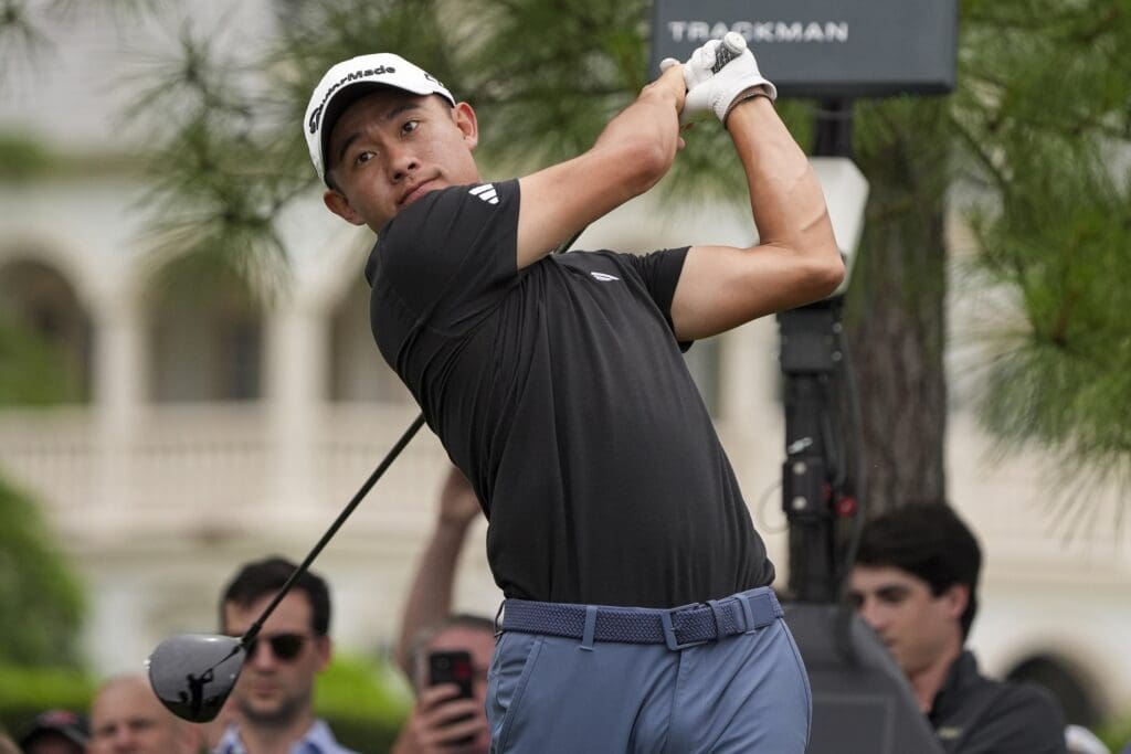 May 9, 2024; Charlotte, North Carolina, USA; Collin Morikawa plays his shot from the 15th tee during the first round of the Wells Fargo Championship golf tournament.
