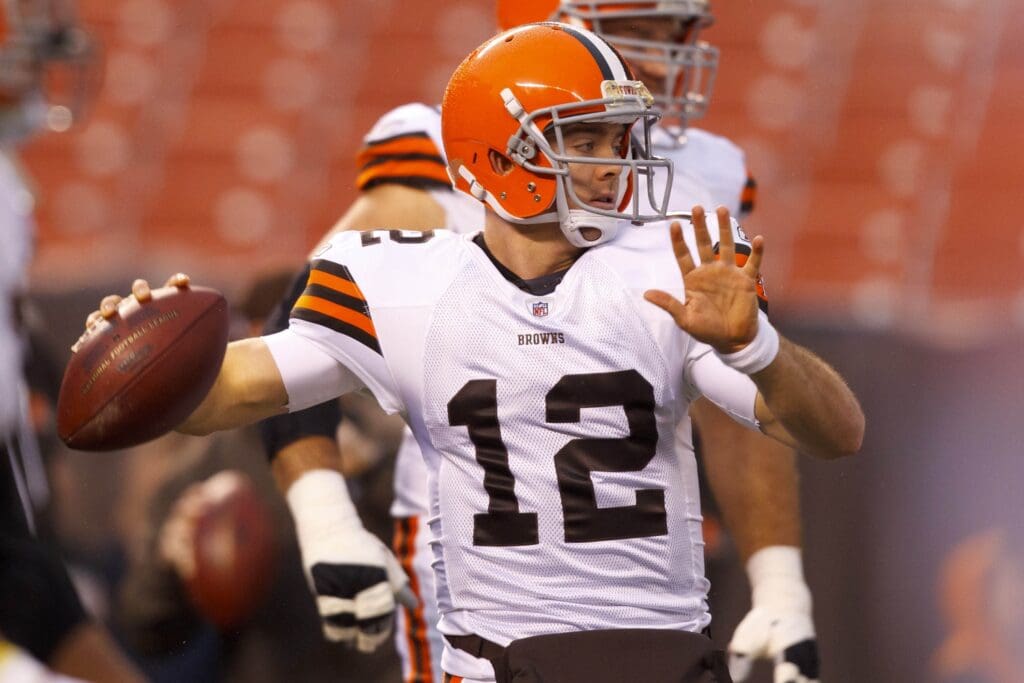 Dec 4, 2011; Cleveland, OH, USA; Cleveland Browns quarterback Colt McCoy (12) warms up before the game against the Baltimore Ravens at Cleveland Browns Stadium.