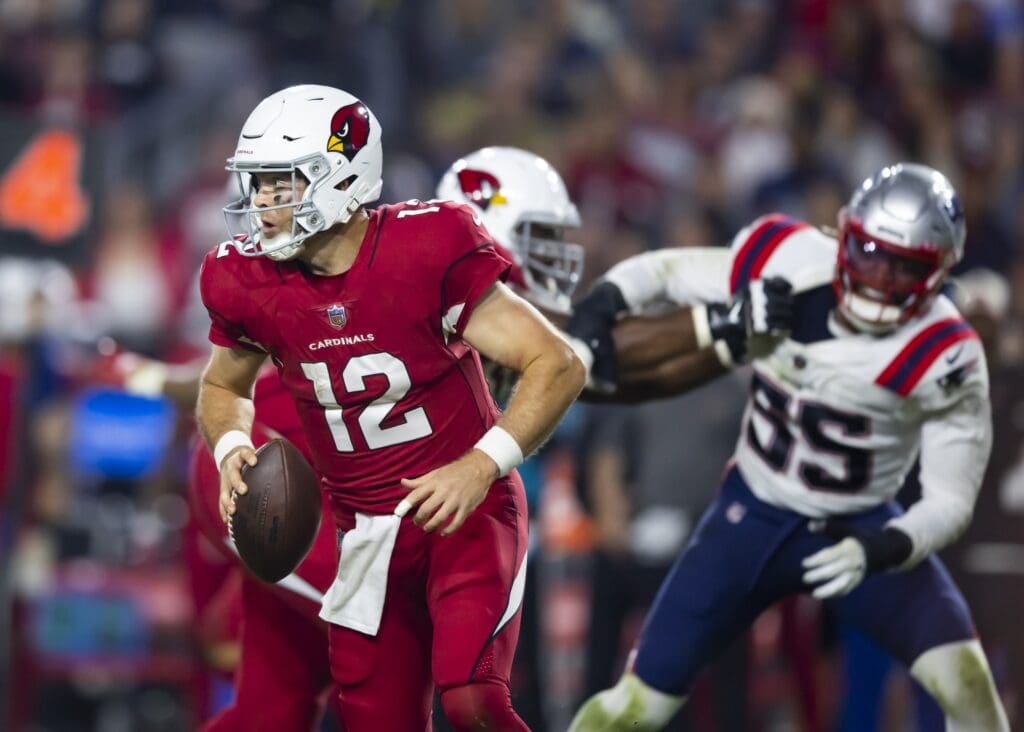 Dec 12, 2022; Glendale, Arizona, USA; Arizona Cardinals quarterback Colt McCoy (12) against the New England Patriots at State Farm Stadium.