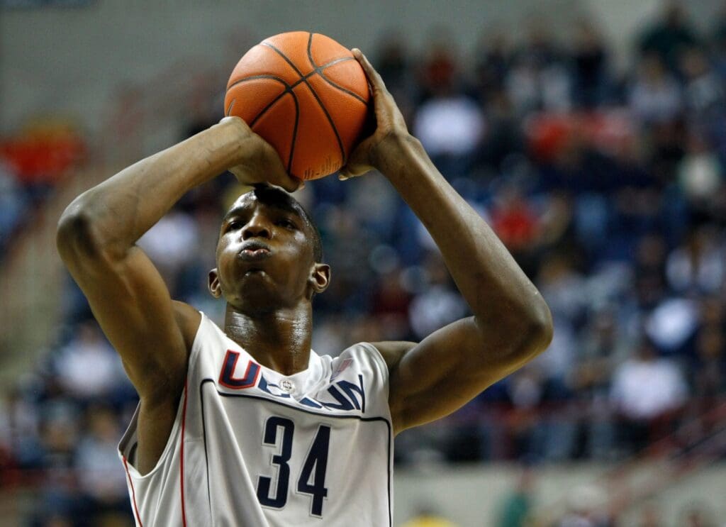 Jan 3, 2008; Storrs, CT, USA; Connecticut Huskies center Hasheem Thabeet (34) shoots a foul shot against the Rutgers Scarlet Knights in the first half at Gampel Pavilion. UConn defeated Rutgers 80-49.