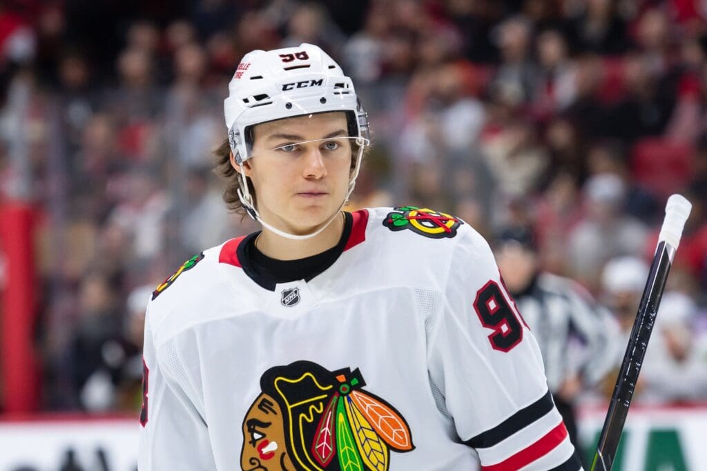 Apr 15, 2025; Ottawa, Ontario, CAN; Chicago Blackhawks center Connor Bedard (98) skates in the second period against the Ottawa Senators at the Canadian Tire Centre.