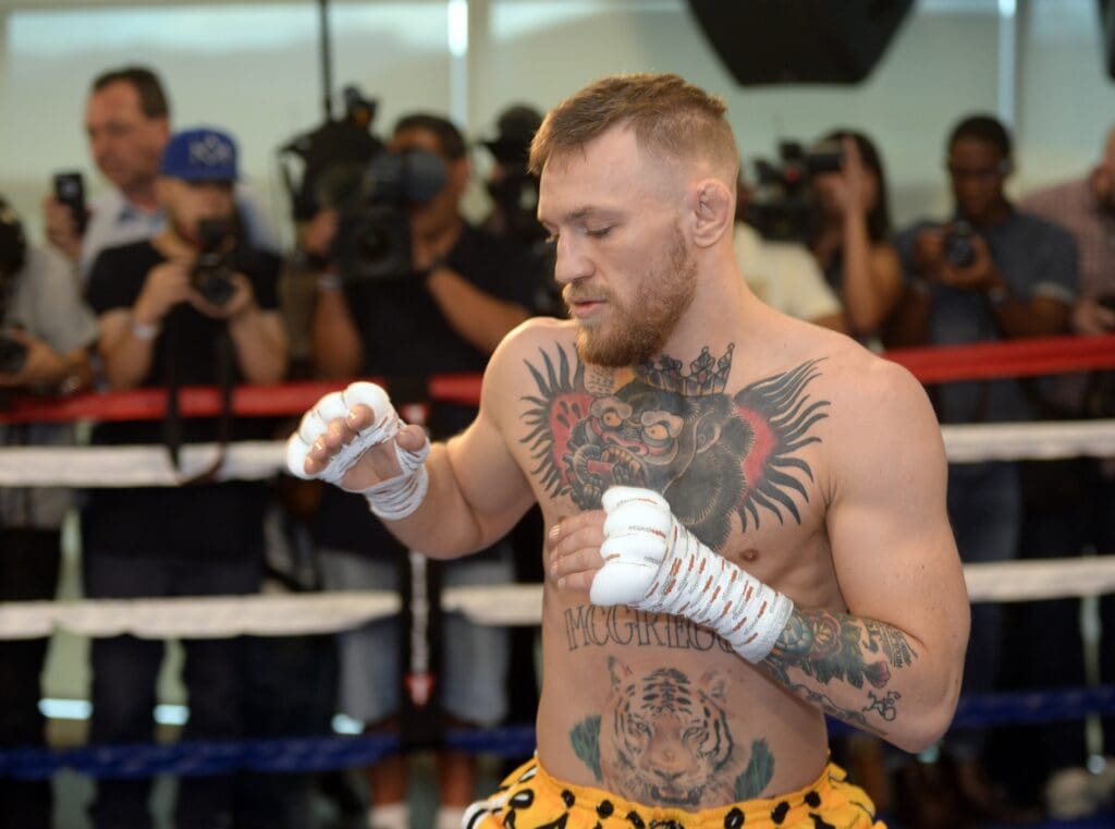 Aug 11, 2017; Las Vegas, NV, USA; Conor McGregor warms up in the ring during a media workout in preparation for his fight against Floyd Mayweather, Jr. at UFC Performance Institute.