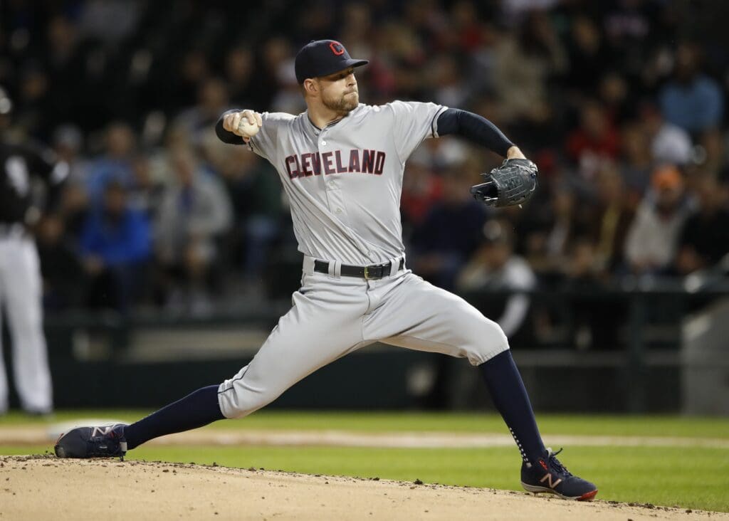 Sep 7, 2017; Chicago, IL, USA; Cleveland Indians starting pitcher Corey Kluber (28) delivers against the Chicago White Sox during the first inning at Guaranteed Rate Field.