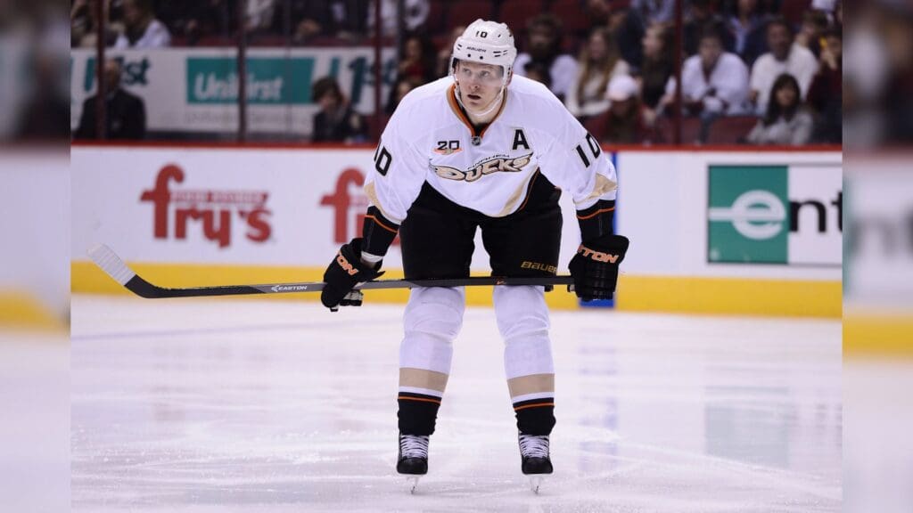 Jan 11, 2014; Glendale, AZ, USA; Anaheim Ducks forward Corey Perry (10) in action against the Phoenix Coyotes in the first period at Jobing.com Arena. The Ducks win 5-3.