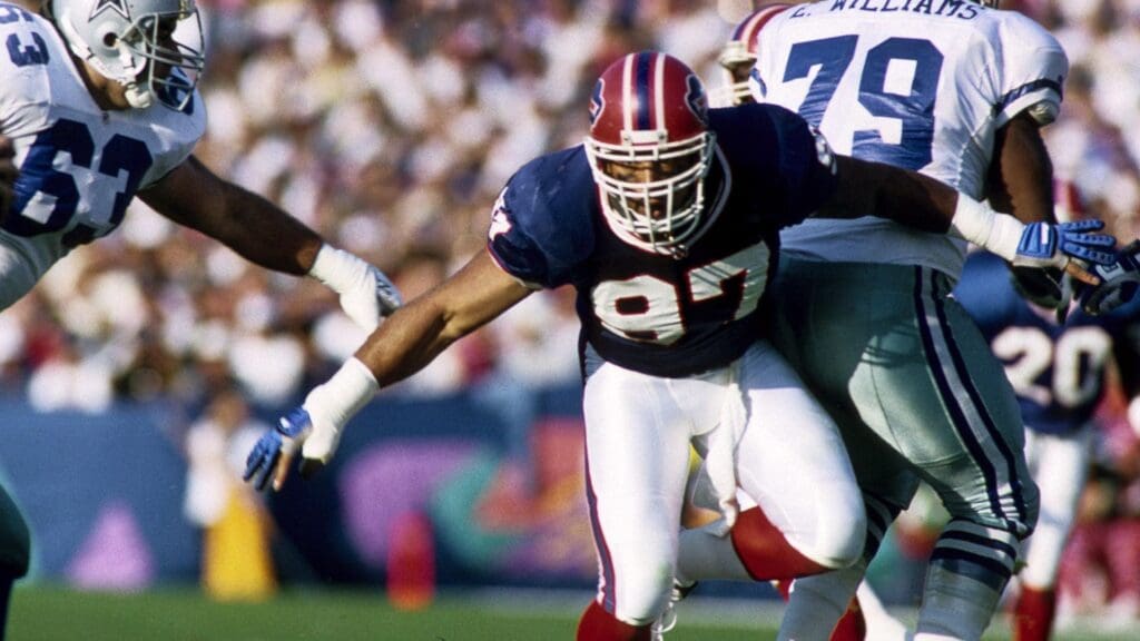 Jan 31, 1993; Pasadena, CA, USA; FILE PHOTO; Buffalo Bills linebacker Cornelius Bennett (97) in action against the Dallas Cowboys during Super Bowl XXVII a the Rose Bowl. The Cowboys defeated the Bills 52-17.